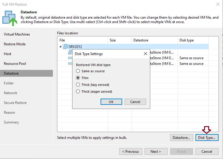 Veeam full VM restore disk type