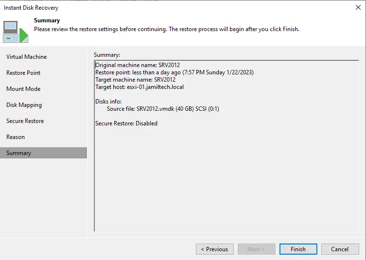 Veeam instant disk recovery summary