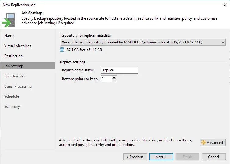 Veeam new replication job settings