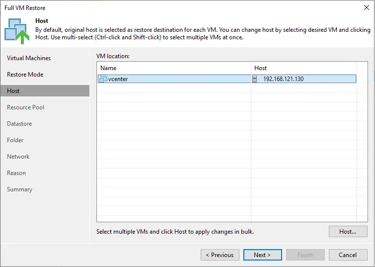 Veeam restore VM location