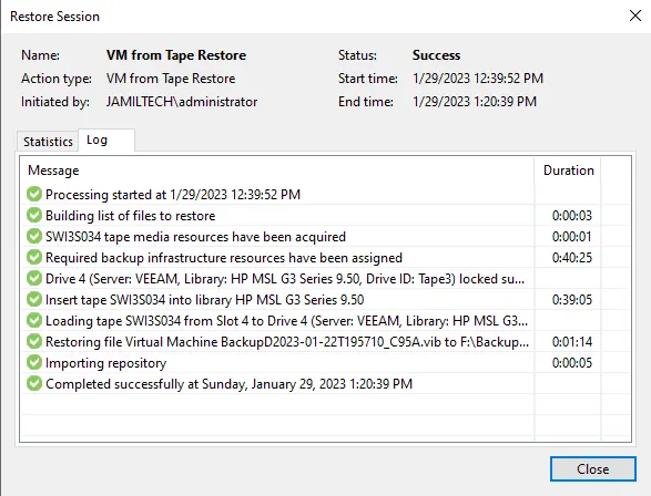 Veeam restore session