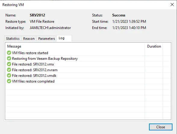 Veeam restoring VM file log