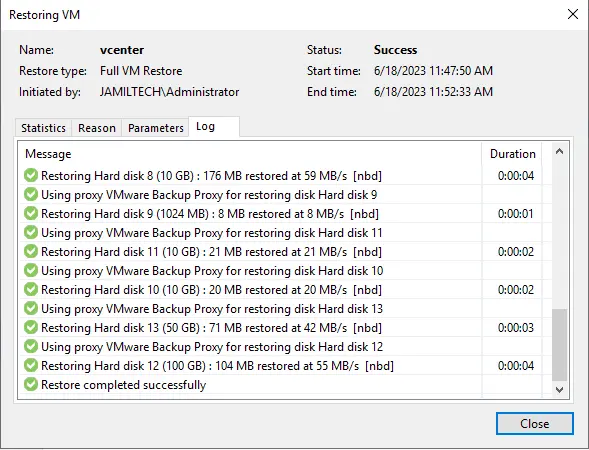 Veeam restoring VM progress