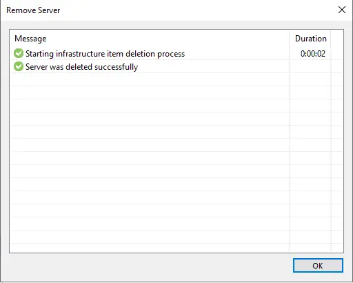 Veeam server was deleted successfully