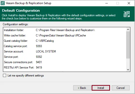 Veeam setup default configuration