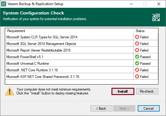 Veeam system configuration check install