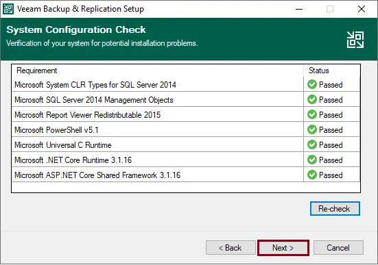 Veeam system configuration check passed