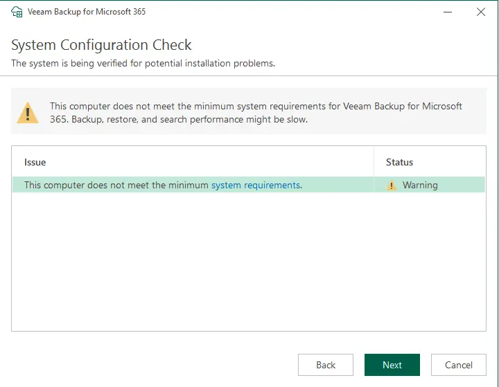 Veeam system configuration check warning