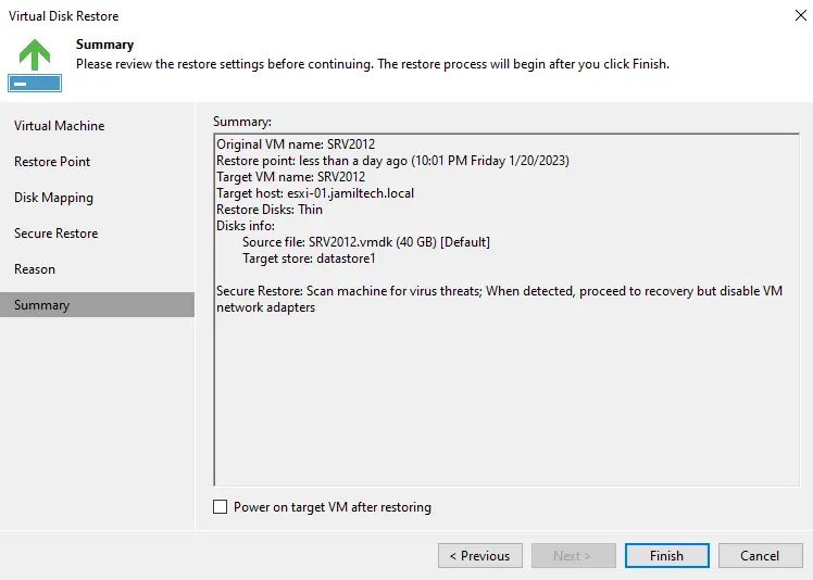 Veeam virtual disk restore summary