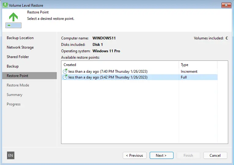 Veeam volume level restore point