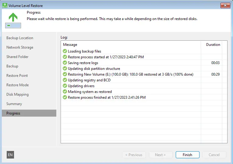 Veeam volume level restore progress