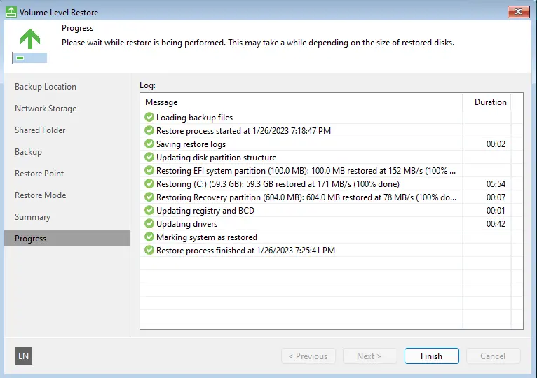 Veeam volume level restore progress