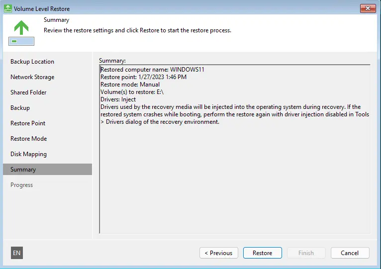Veeam volume level restore summary