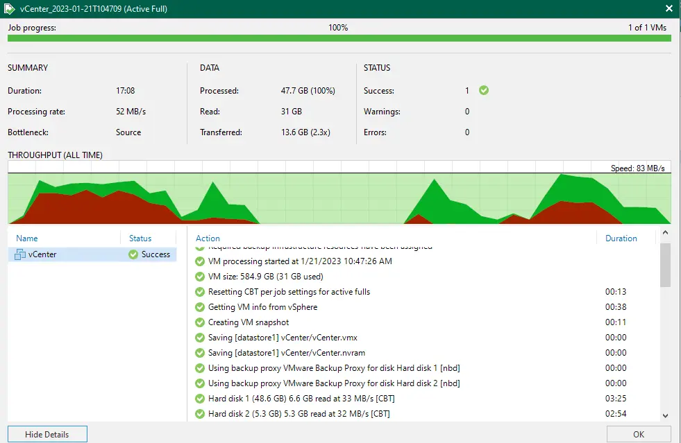 VeeamZip backup job progress success