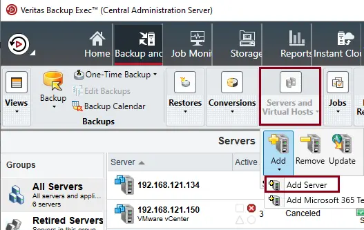 Veritas Backup Exec add server