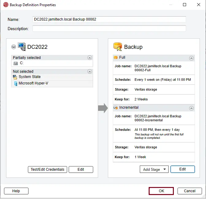 Veritas backup definition properties