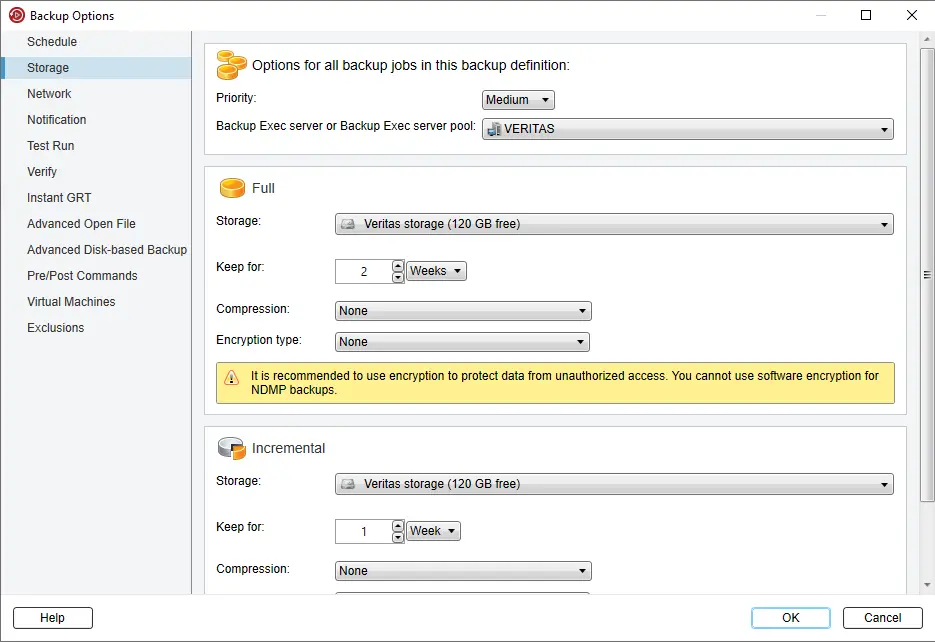 Veritas backup exec backup options