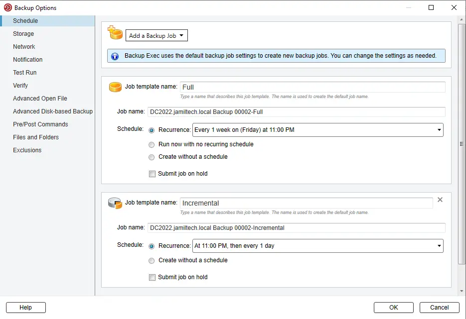 Veritas backup option schedule