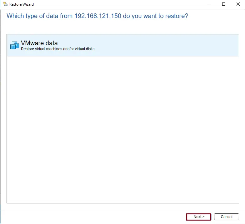 Veritas restore wizard VMware data