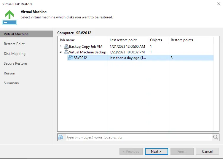 Virtual disk restore Veeam