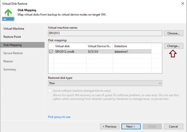 Virtual disk restore disk mapping