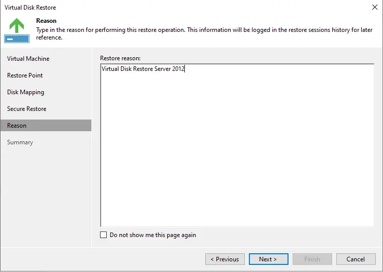 Virtual disks restore reason