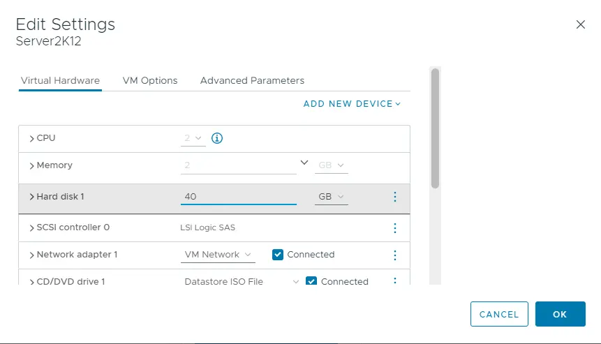 Virtual hardware edit settings