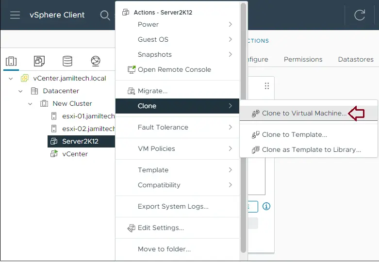 Virtual machine action menu