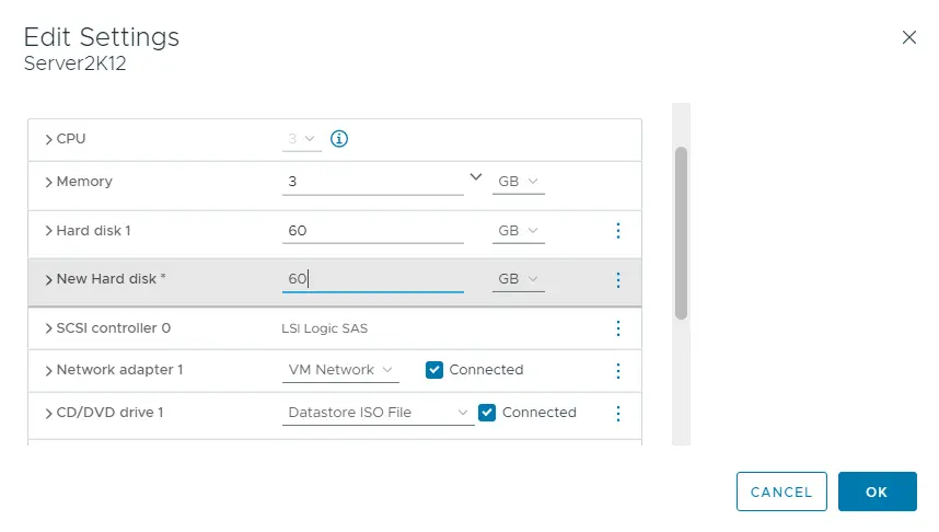 Virtual machine edit settings