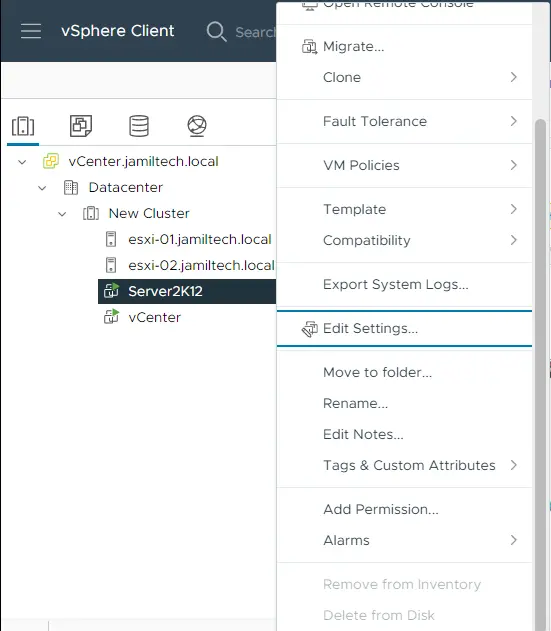 Virtual machine edit settings