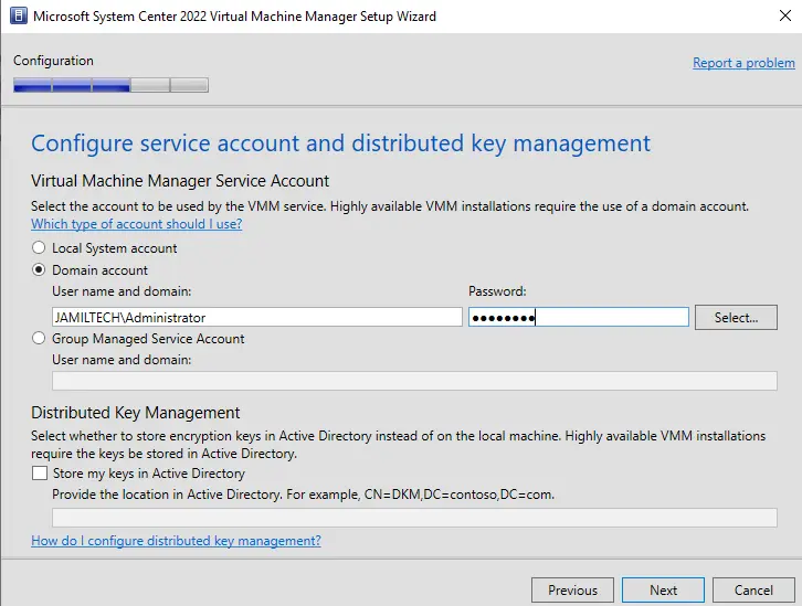 Virtual machine manager service account