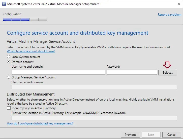 Virtual machine manager service account