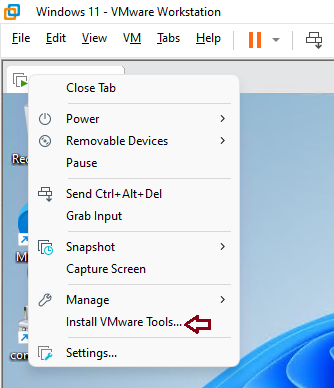 Virtual machine menu