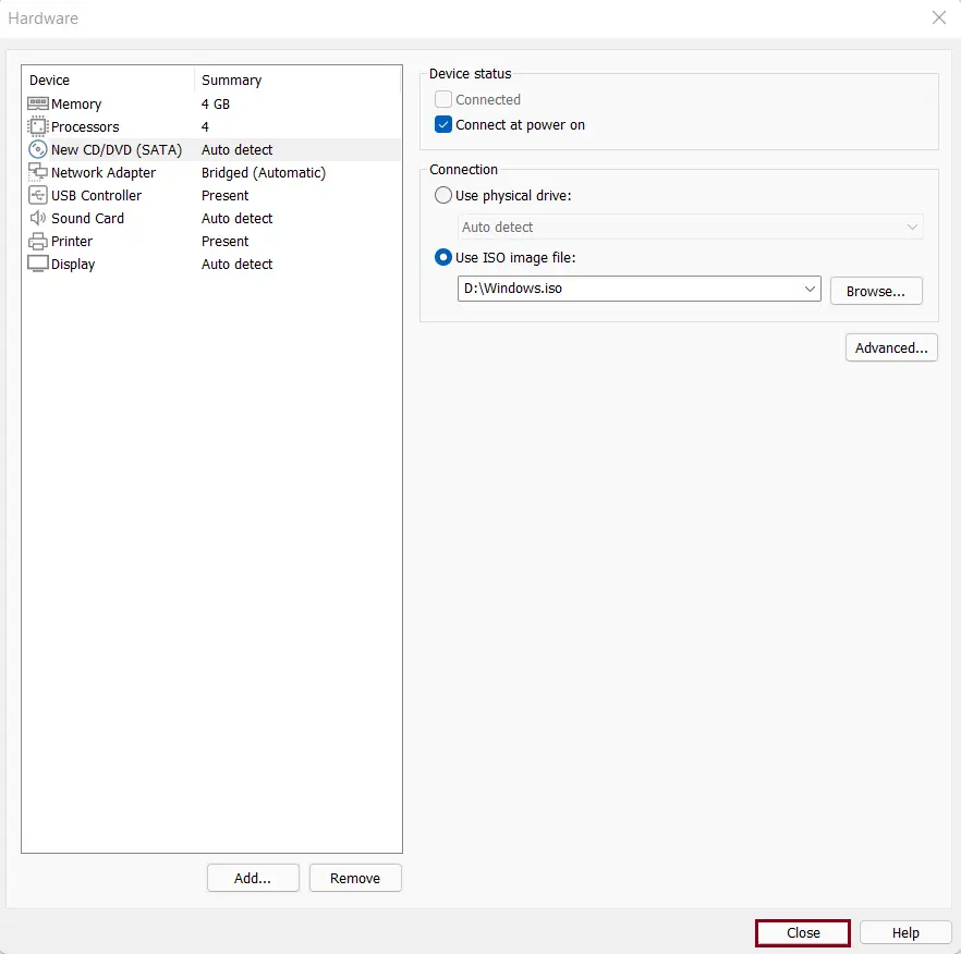 Virtual machine properties attach ISO file