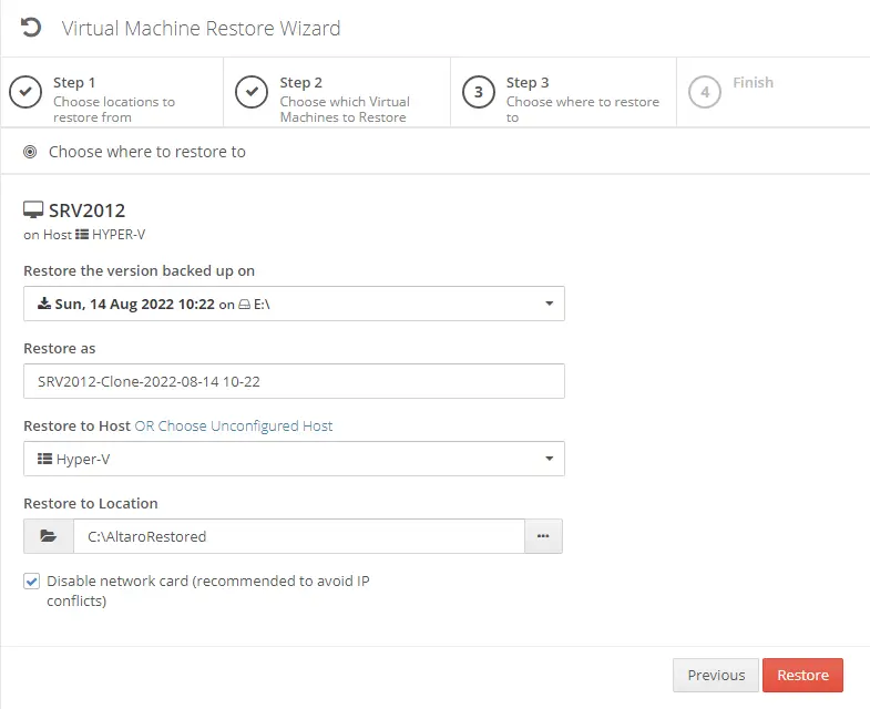 Virtual machine restore Altaro