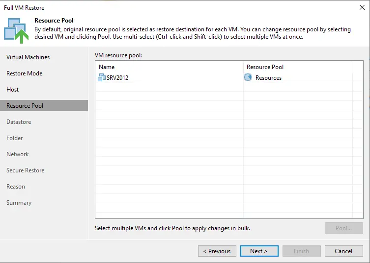 Virtual machine restore resource pool