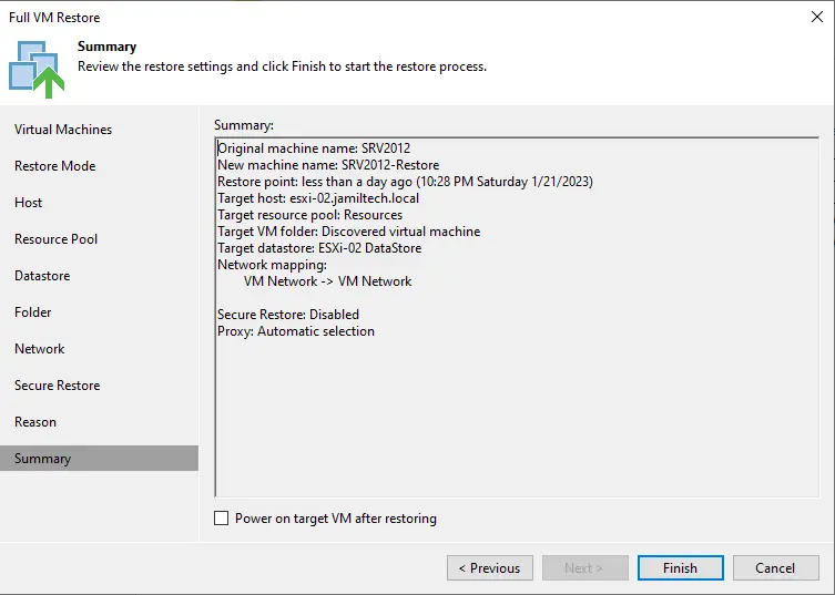 Virtual machine restore summary Veeam