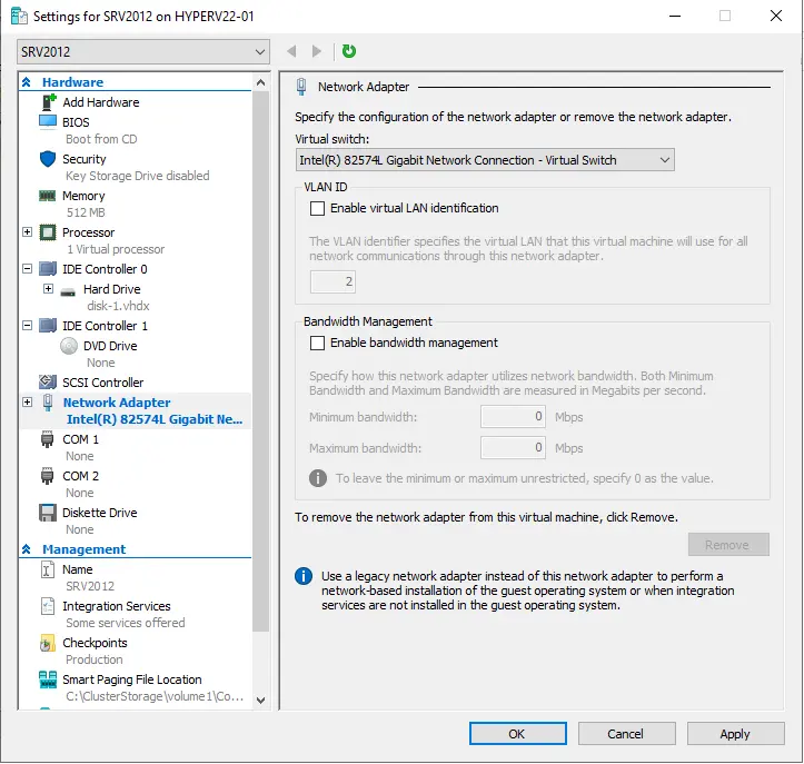 Virtual machine settings Hyper-V