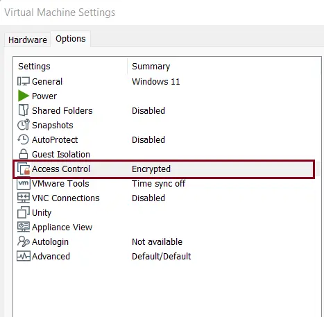 VM settings access control encrypted