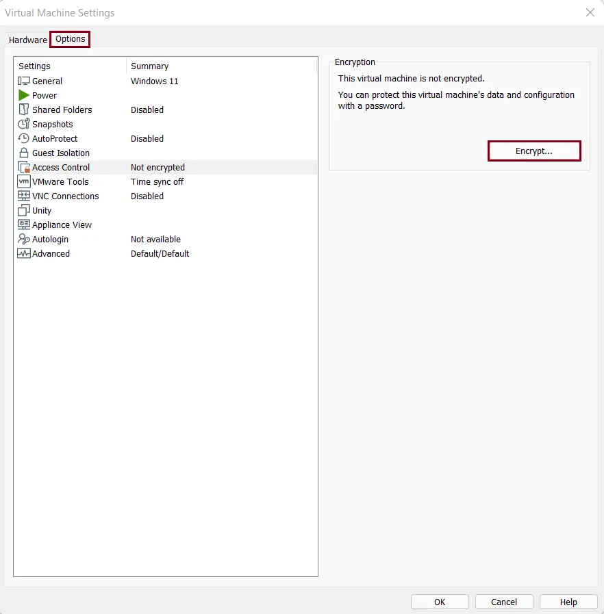 Virtual machine settings access control