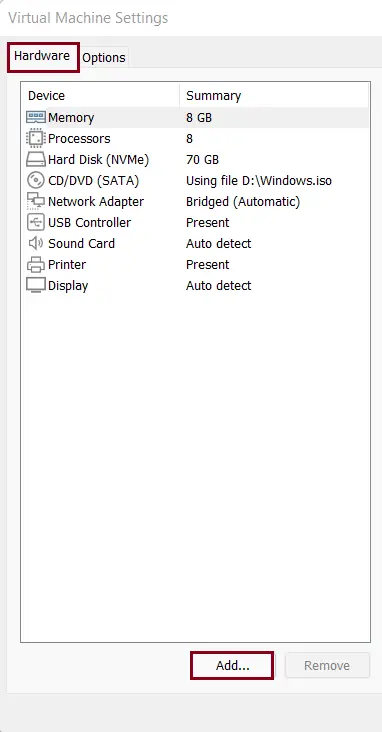 Virtual machine settings add hardware