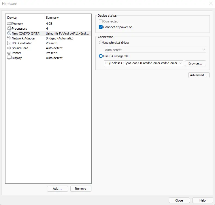 Virtual machine settings device status