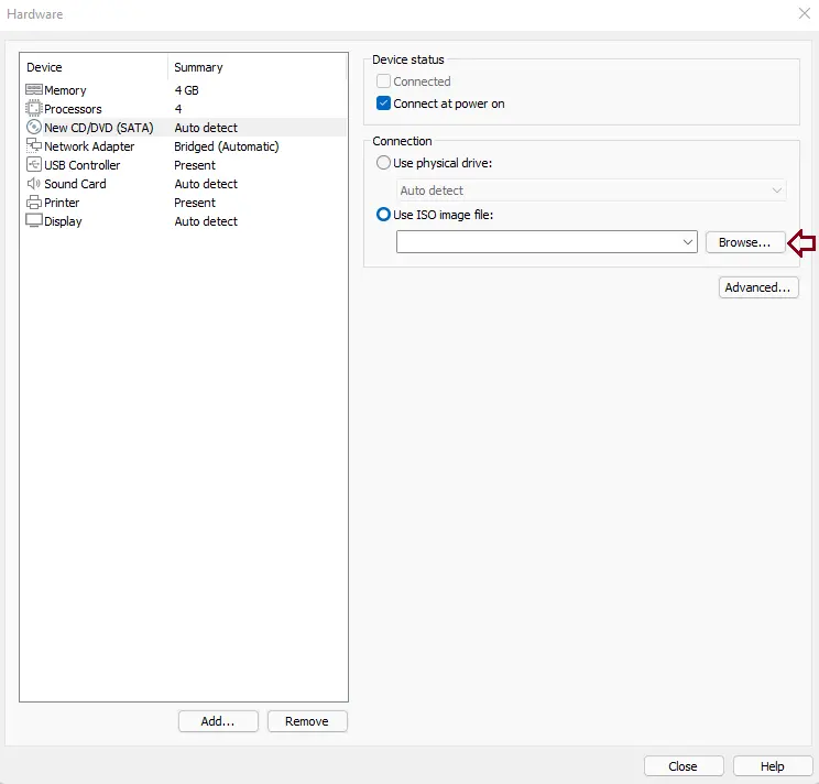 Virtual machine settings device status