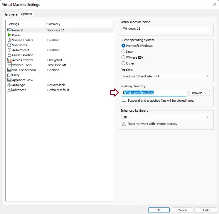 Virtual machine settings options