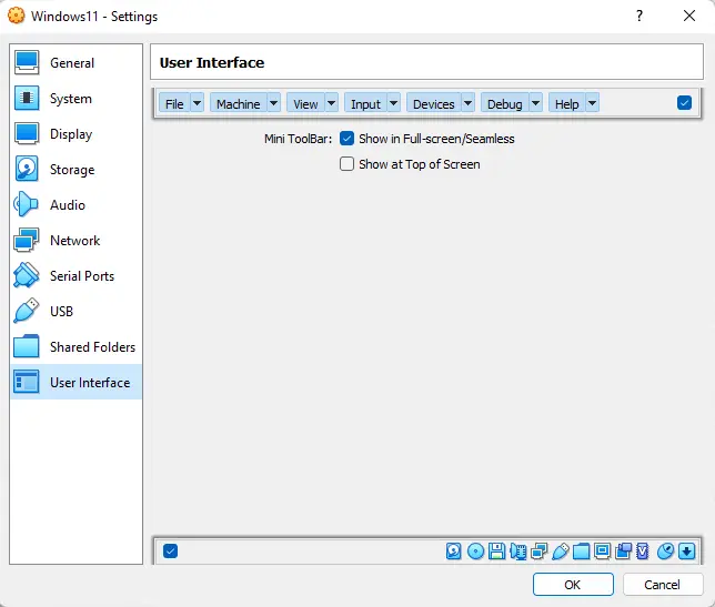 Virtual machine user interface settings