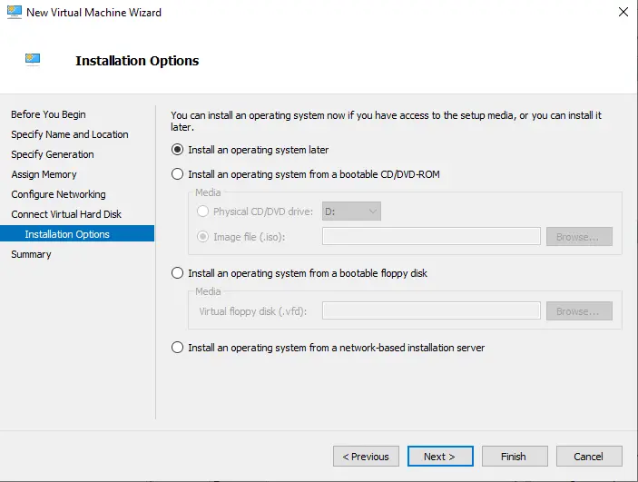 Virtual machine wizard installation options