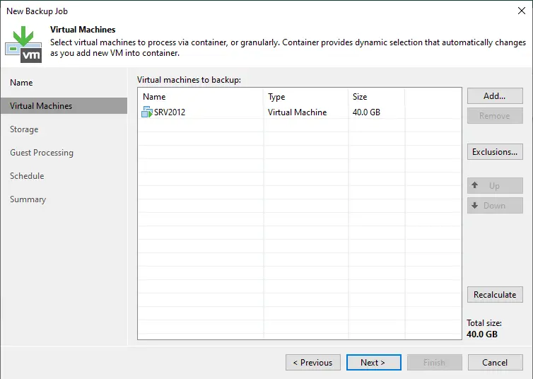 Virtual machines to backup Veeam