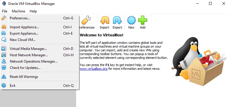 VirtualBox Manager file menu