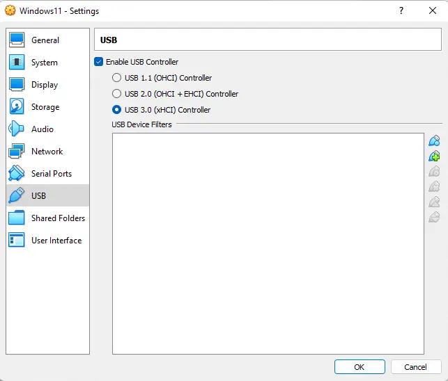 VirtualBox VM USB settings