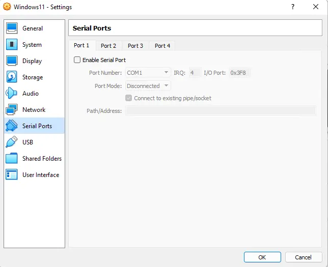 VirtualBox VM serial ports settings